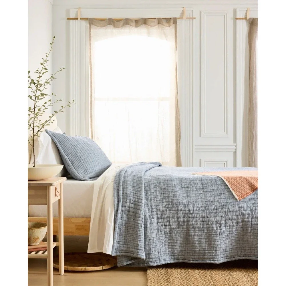 Quince Organic Cotton Channel Stitch Coverlet Set Full | Queen Blue NEW